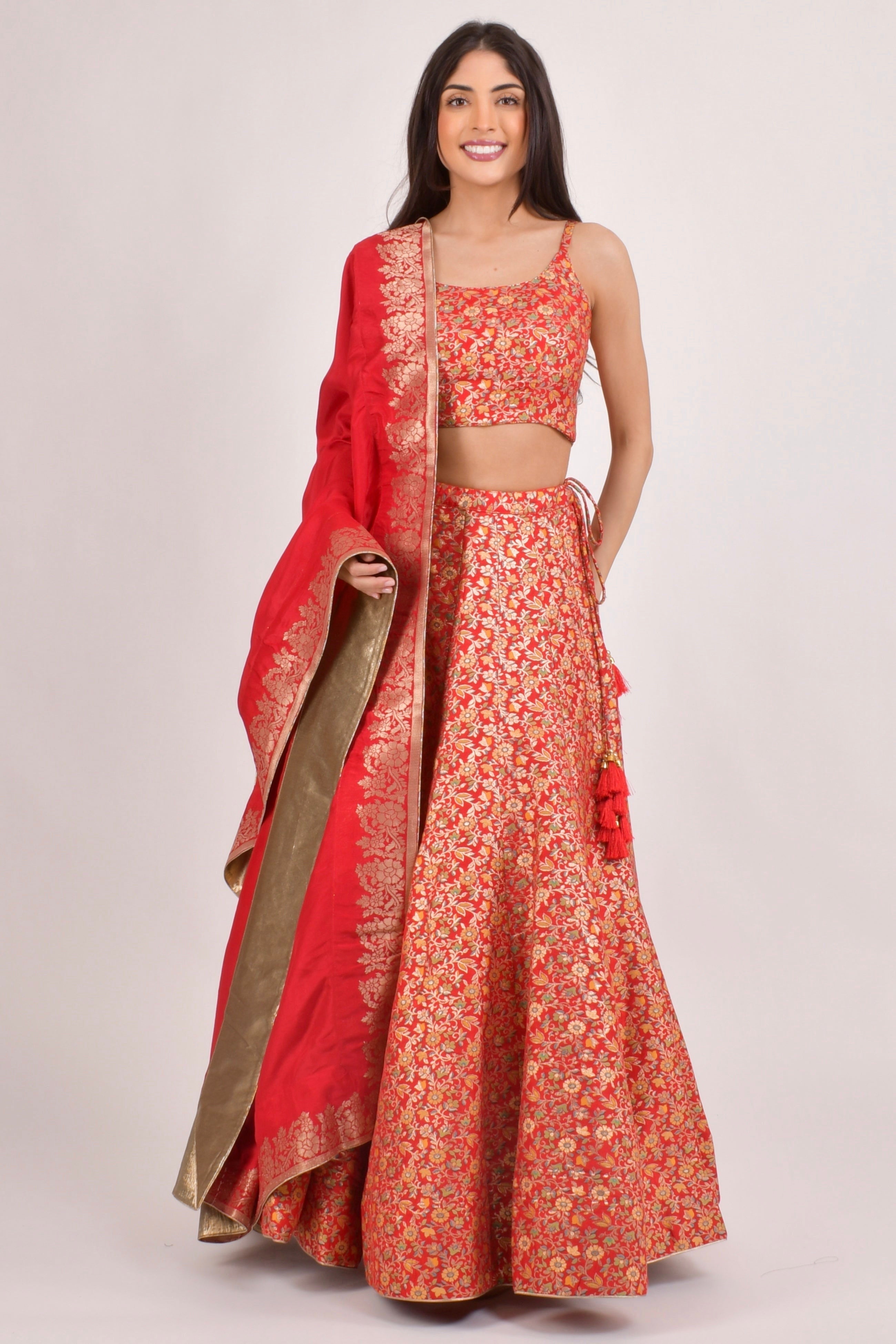 Flanna Red Banarasi Lehenga Choli Set