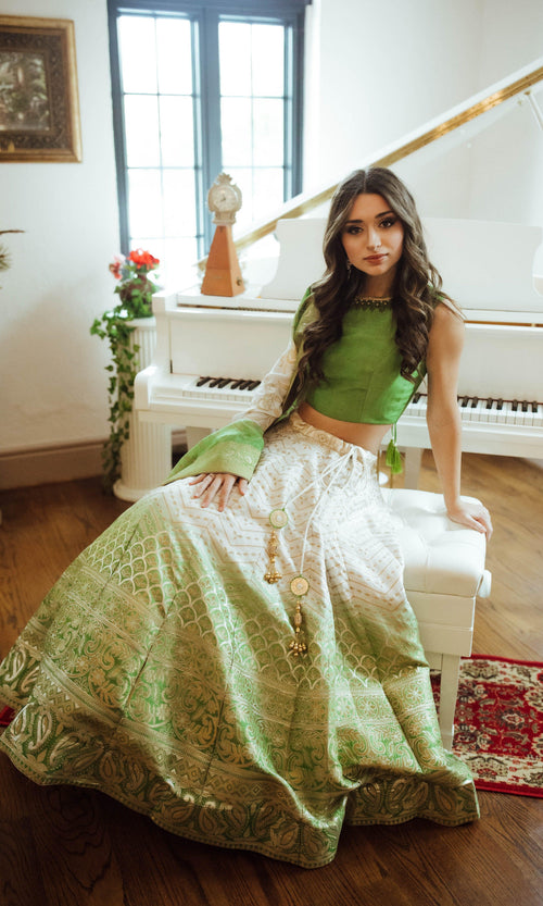 Green Banarasi Silk Shaded Lehenga Choli