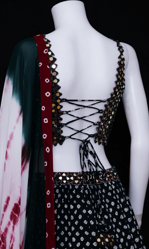 Green Lehenga Choli Set with Mirror Work