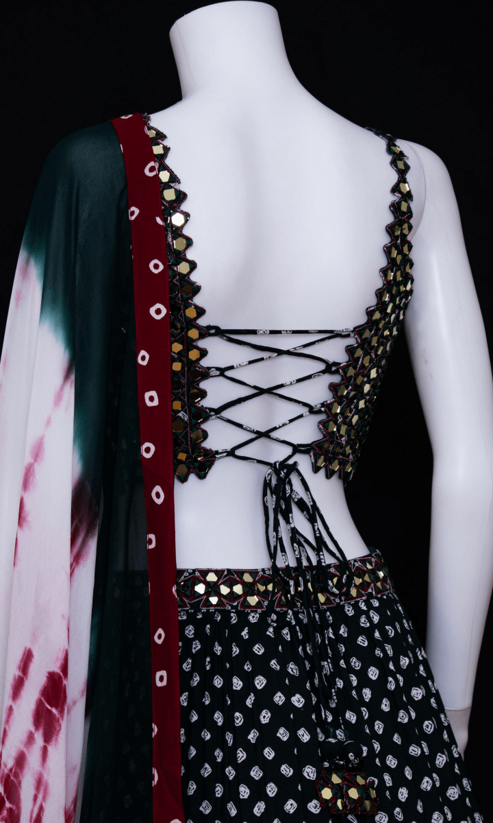 Green Lehenga Choli Set with Mirror Work