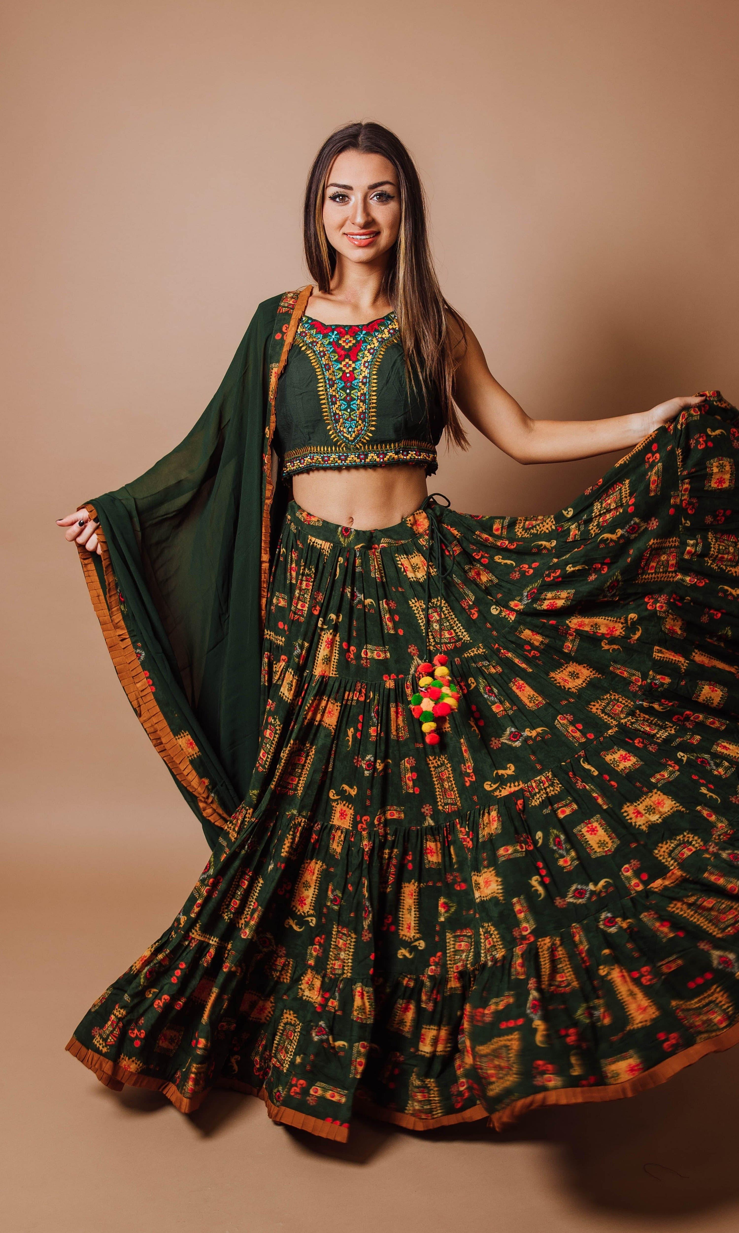 Green Tiered Lehenga Choli Set