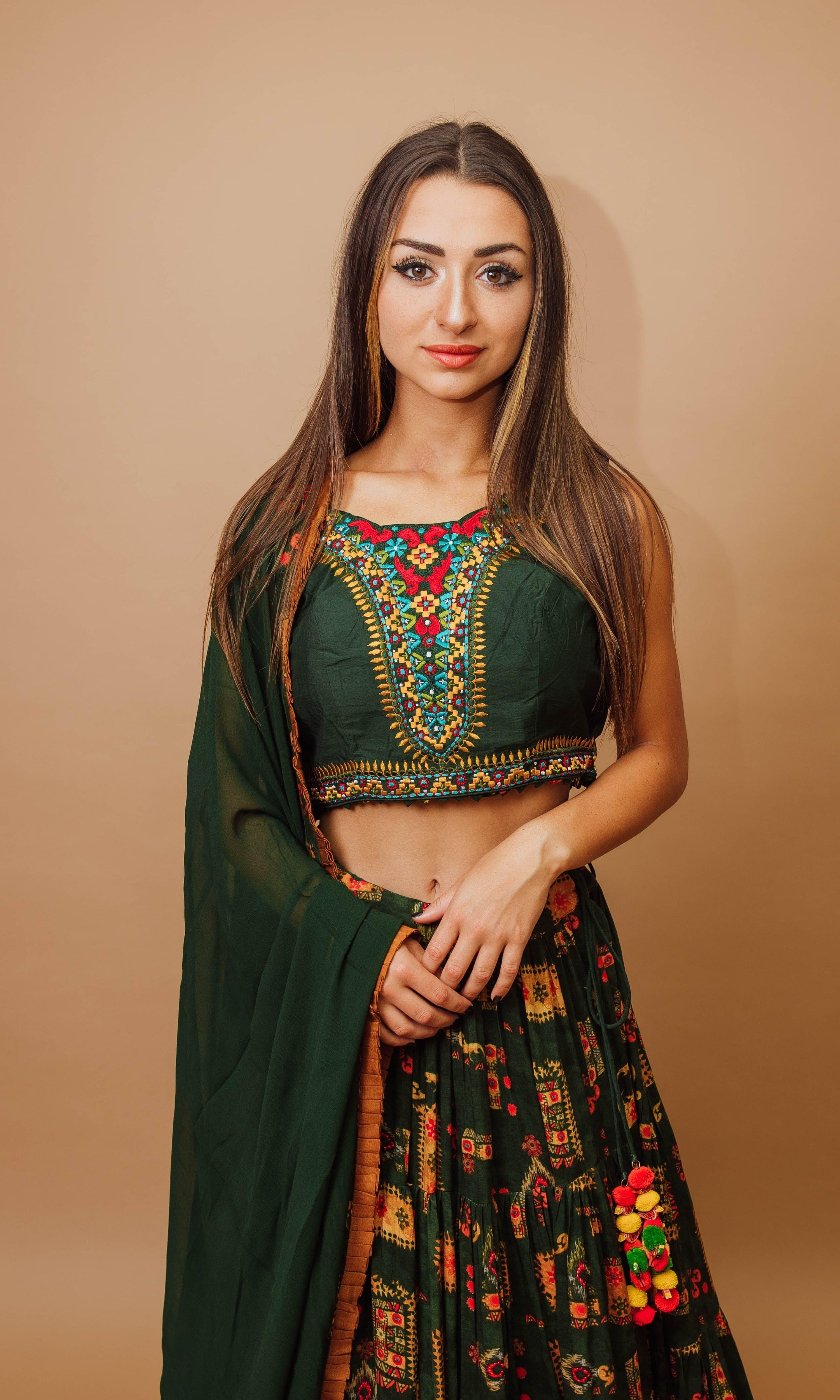 Green Tiered Lehenga Choli Set