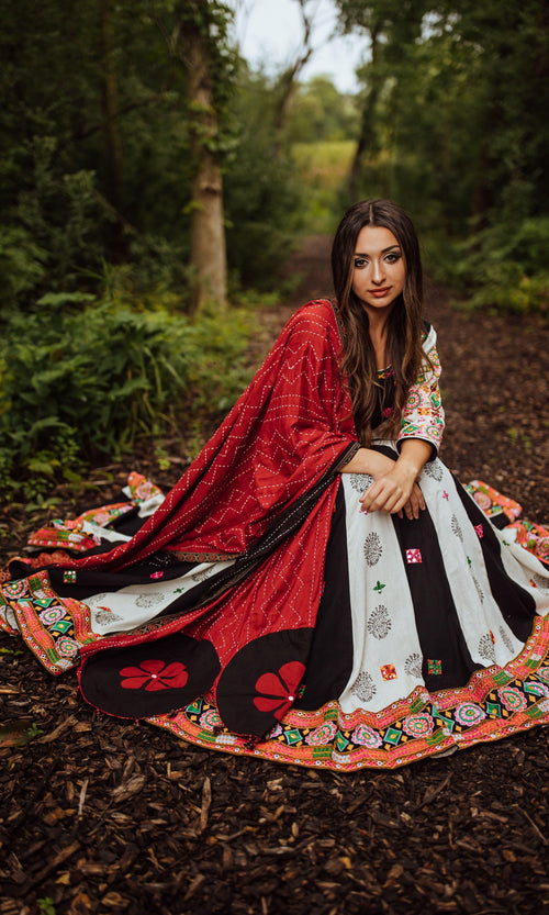 Hand-Block Printed Chaniya Choli with Kachchi Embroidery