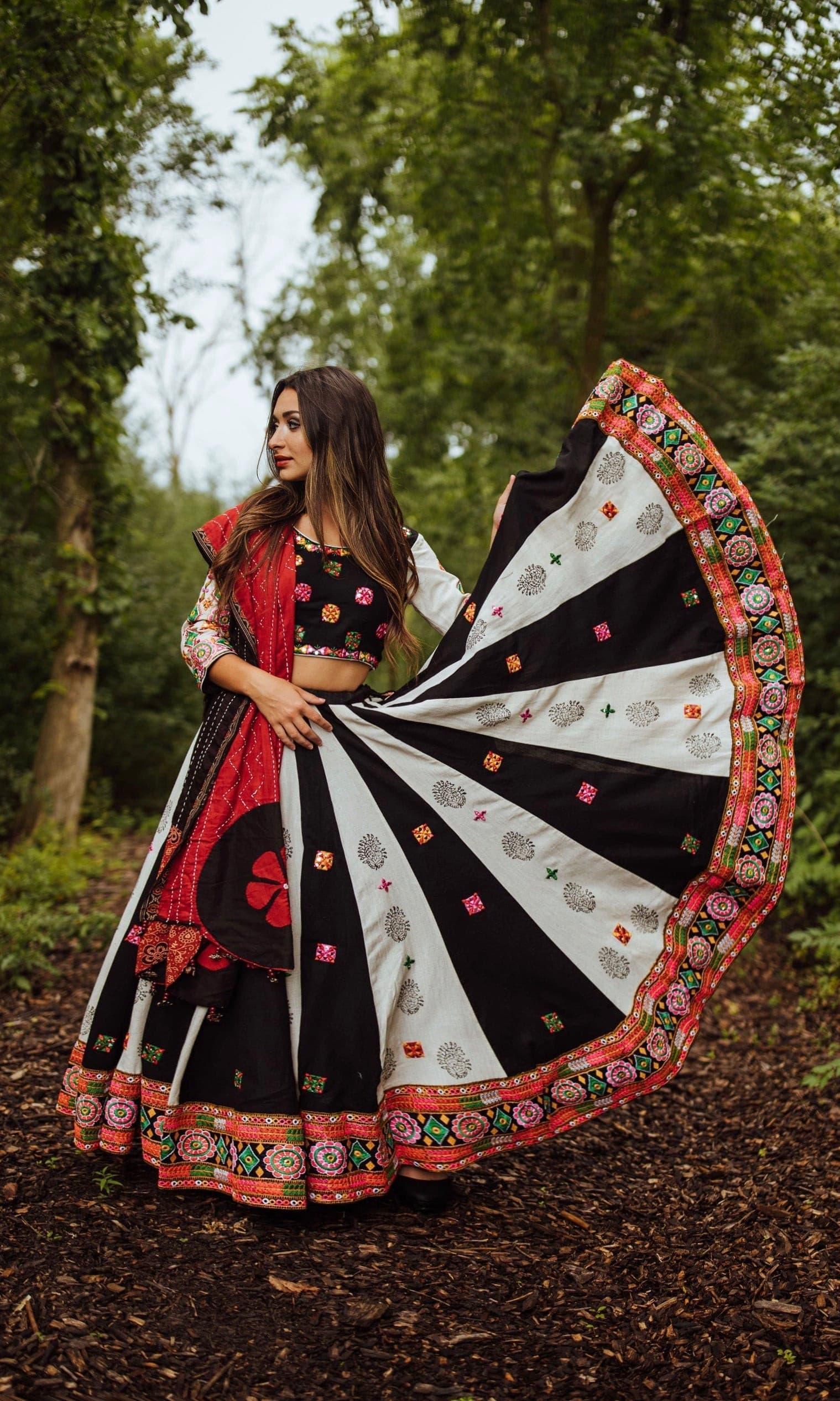 Hand-Block Printed Chaniya Choli with Kachchi Embroidery
