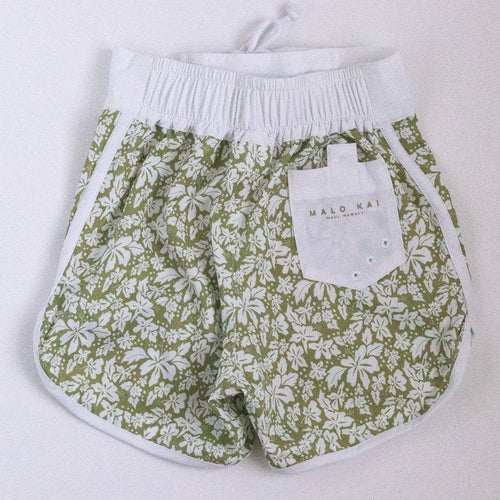 Green Hibiscus Kids Surf Shorts