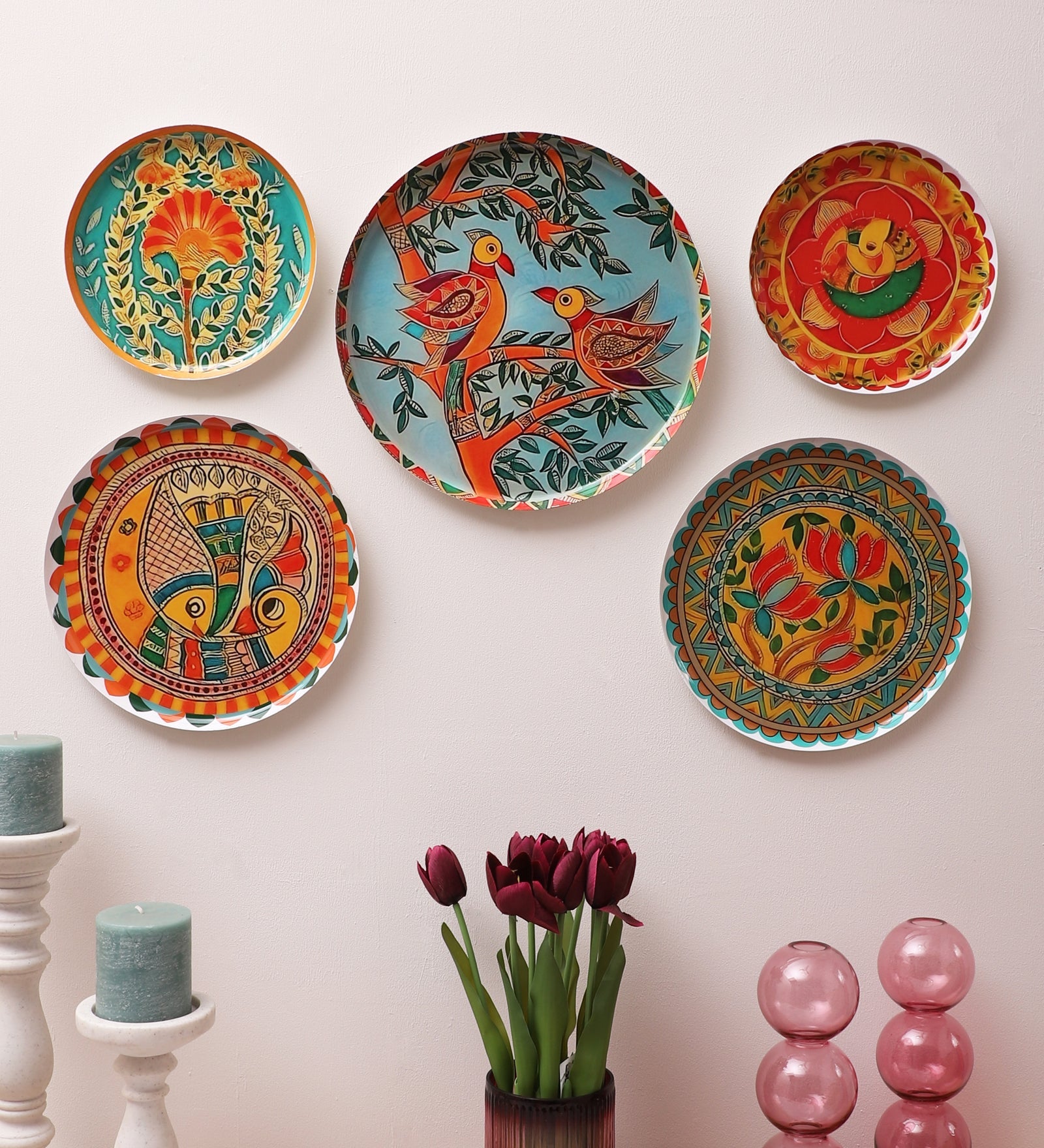 Set of 5 - Round Metal & Meena Wall Plates