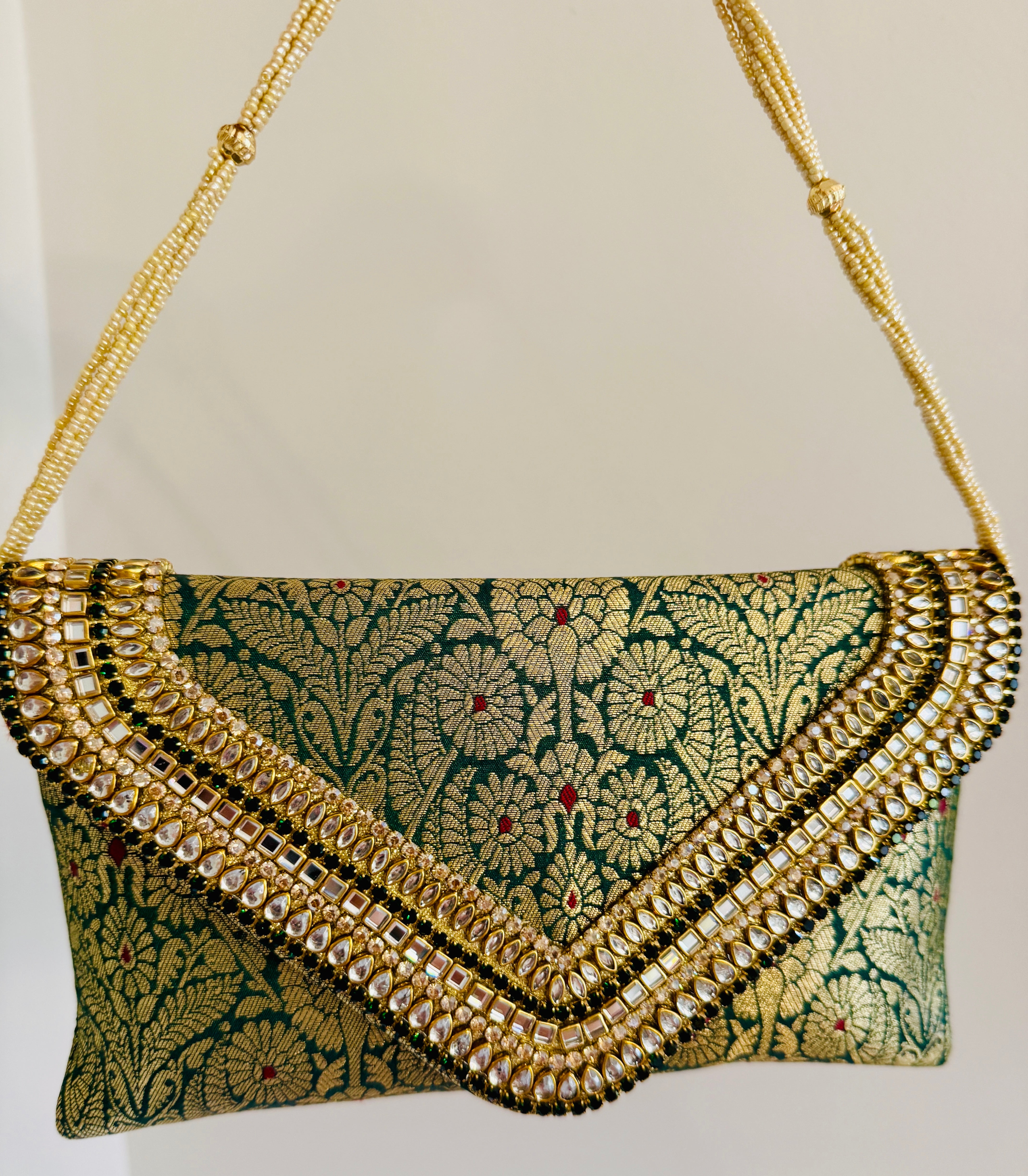 Brocade Elegant Envelope-style Clutch with Stone on Edges