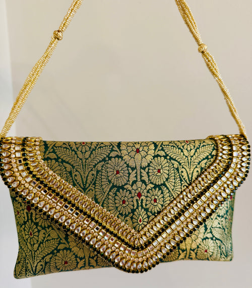 Brocade Elegant Envelope-style Clutch with Stone on Edges