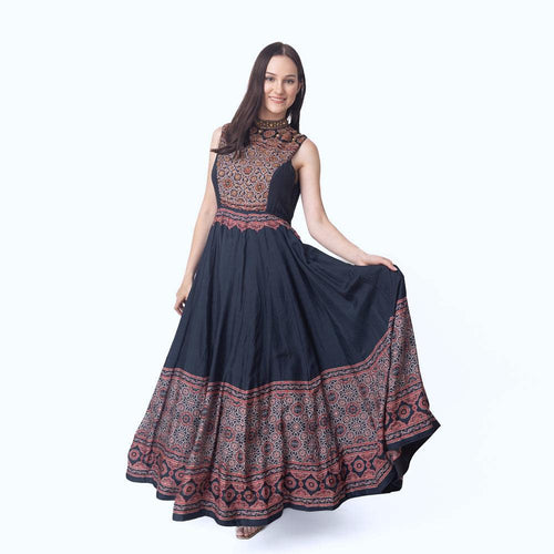 Kamila High Neck Long Dress with Hand Embroidery