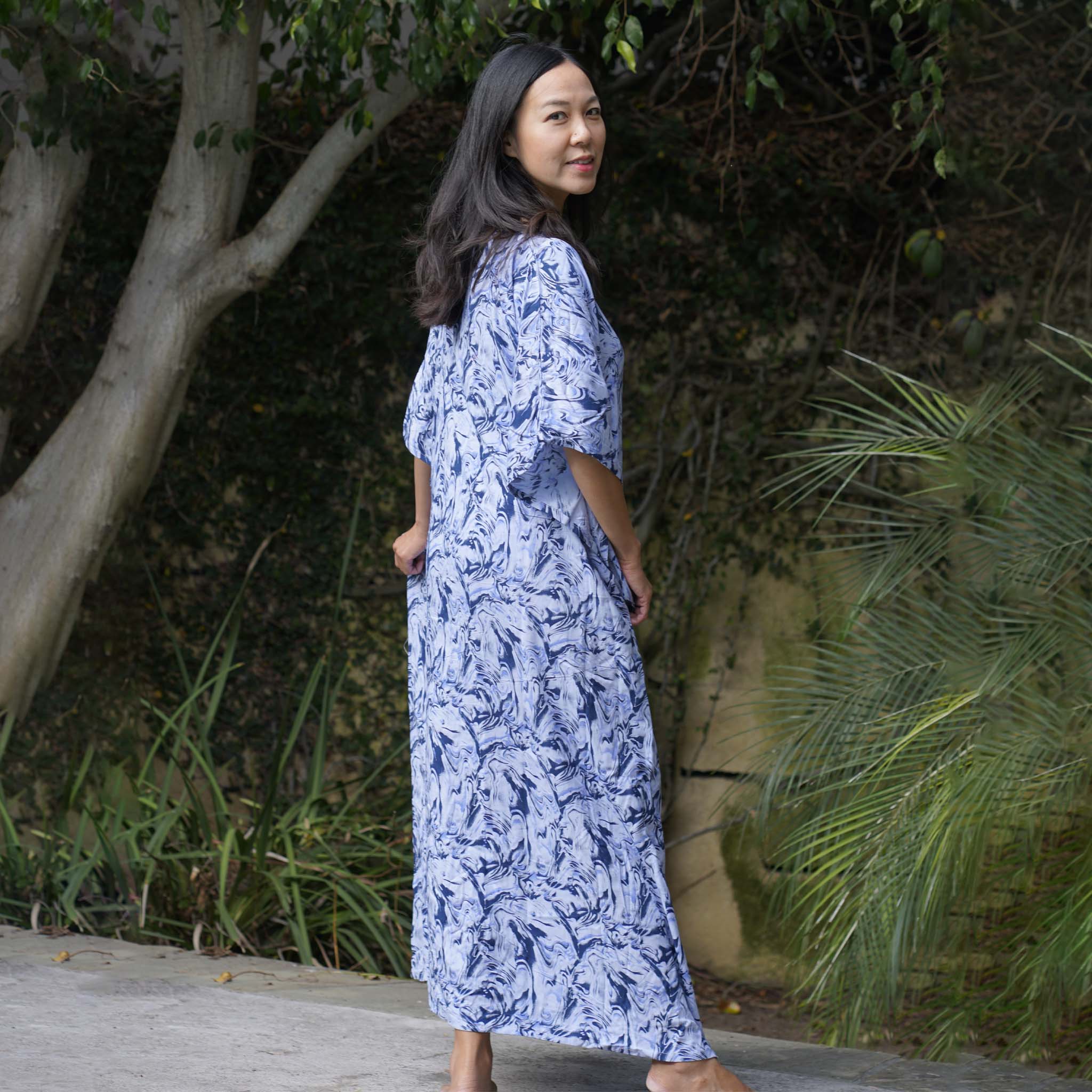 Rayon Kaftan Dress, Blue Marble
