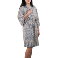 Hand Dyed Batik Robe Kimono, 100% Cotton, Gray, Silver Petals