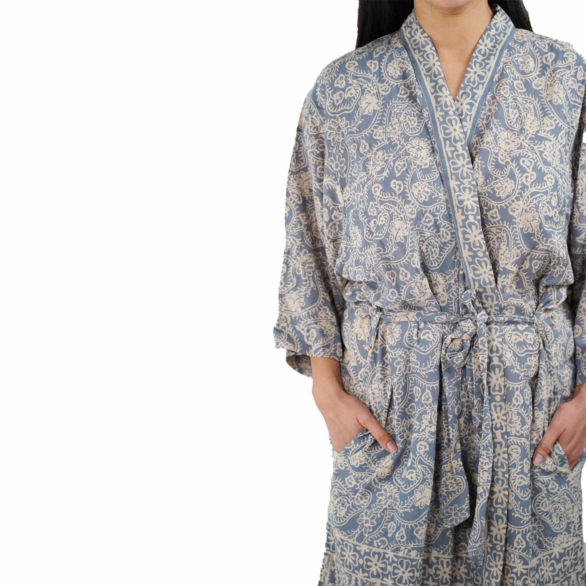 Hand Dyed Batik Robe Kimono, 100% Cotton, Gray, Silver Petals