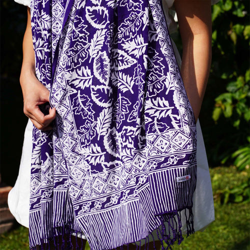 Hand Dyed Batik Scarf, 100% Cotton, Scarves, Bandana, Wrap , Blue Leaves