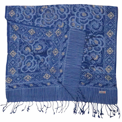 Hand Dyed Batik Scarf - Soft Cotton, Blue Roses, White, Floral, Flower