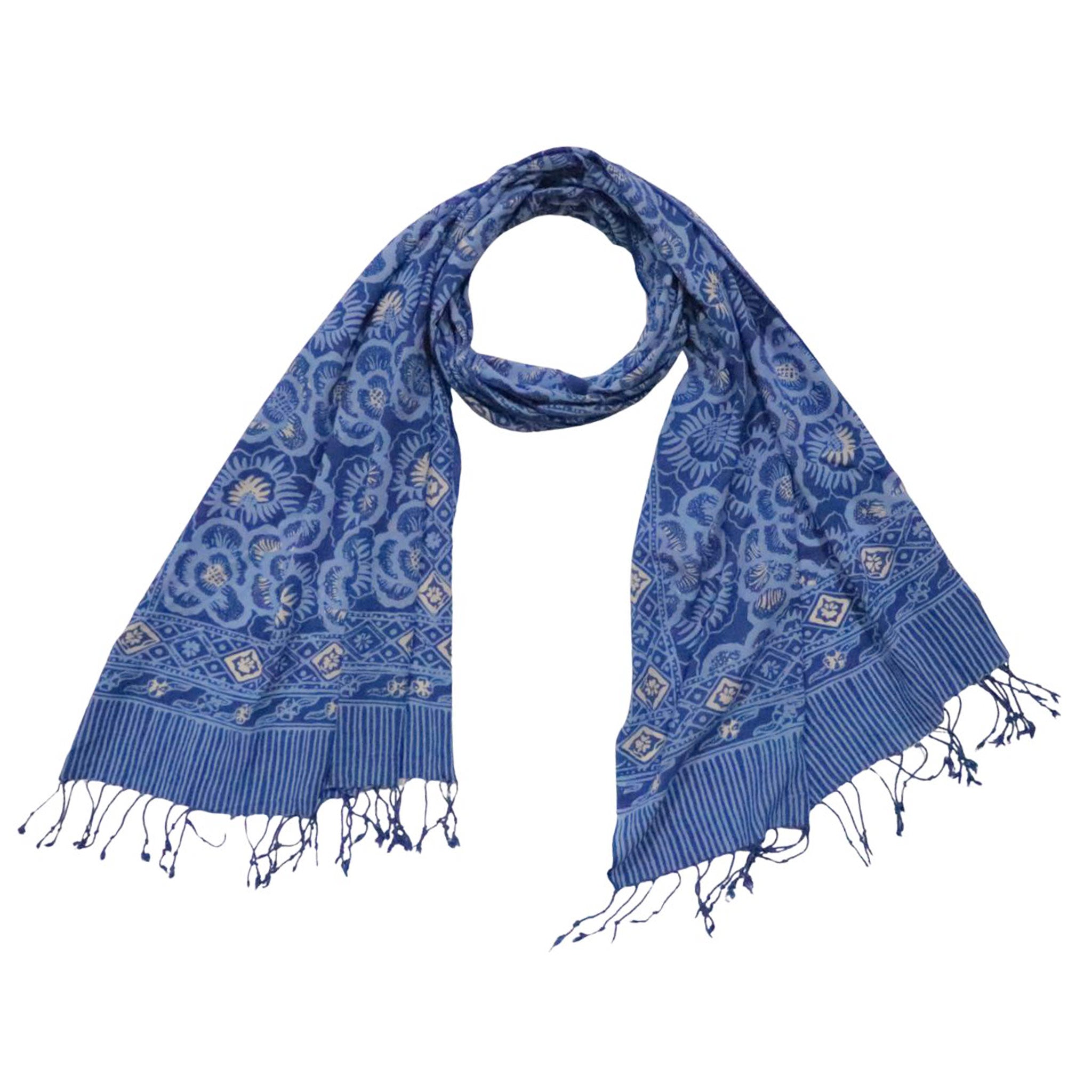 Hand Dyed Batik Scarf - Soft Cotton, Blue Roses, White, Floral, Flower