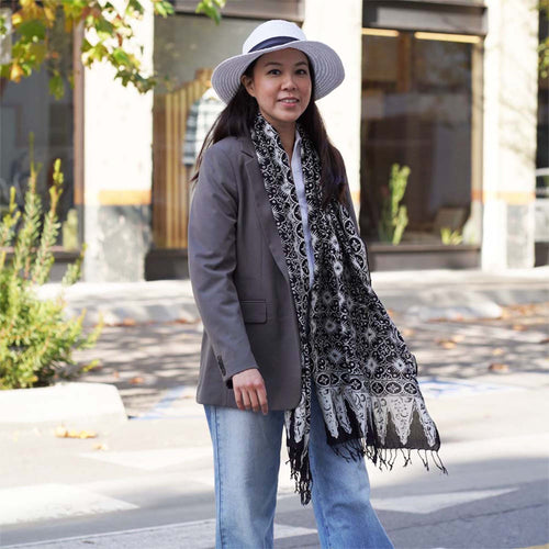 Handmade Batik Scarf - Cotton - Hibiscus Flower, Black, White