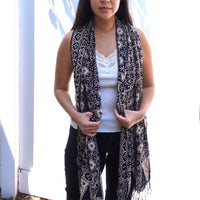 Handmade Batik Scarf - Cotton - Hibiscus Flower, Black, White