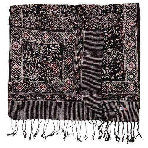 Hand Dyed Batik Scarf, 100% Cotton Fabric, Black Red Floral Star