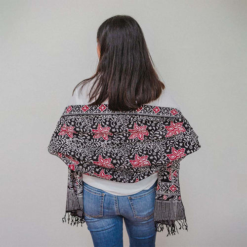 Hand Dyed Batik Scarf, 100% Cotton Fabric, Black Red Floral Star