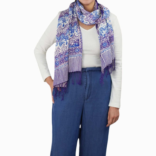 Handmade Batik Scarf - soft Cotton - Vines in Navy Blue