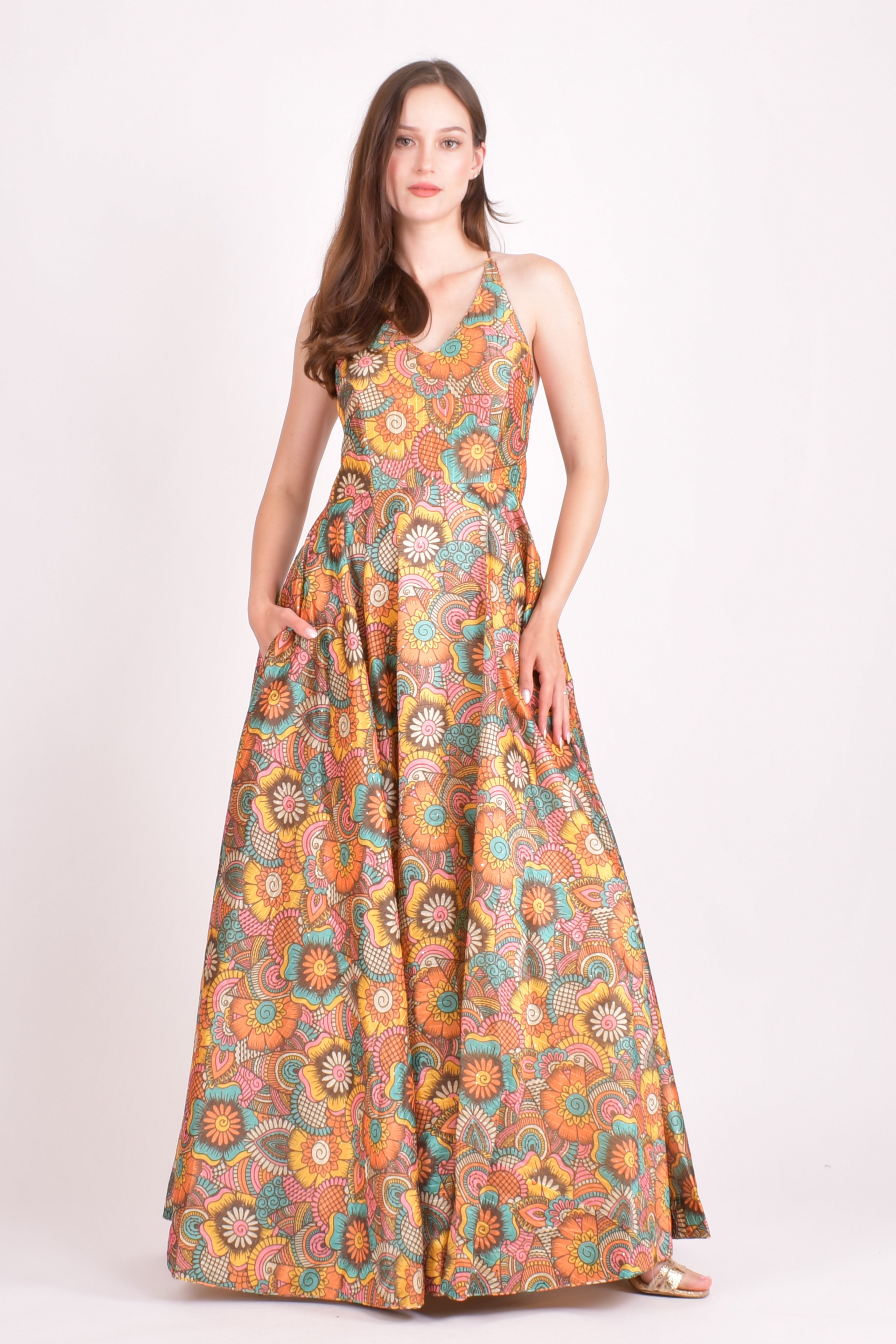 Long Dress with Sequins Work