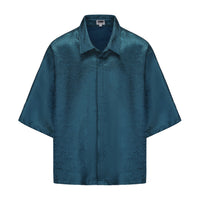 Dori Brocade Straight Collar Shirt Forest Blue