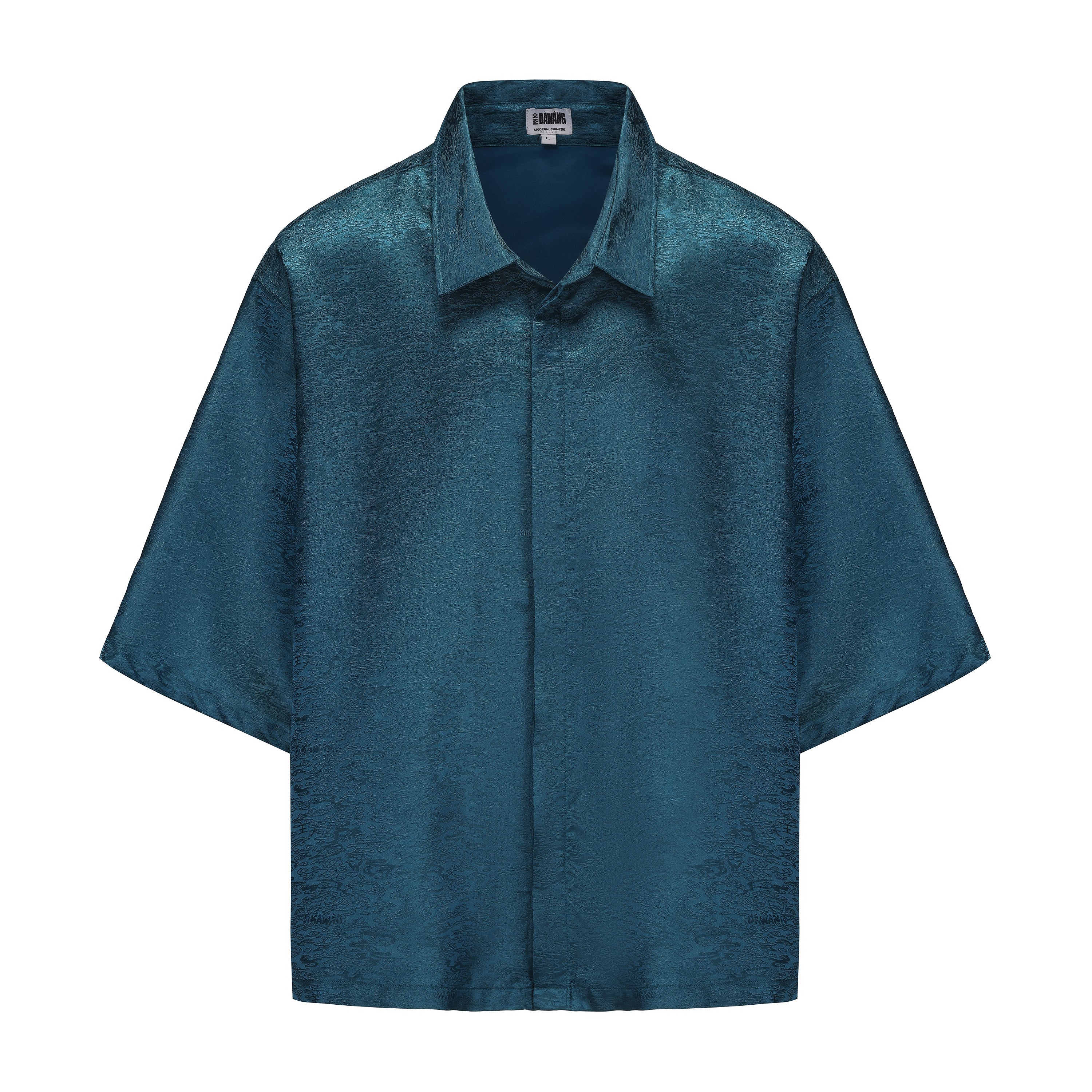 Dori Brocade Straight Collar Shirt Forest Blue