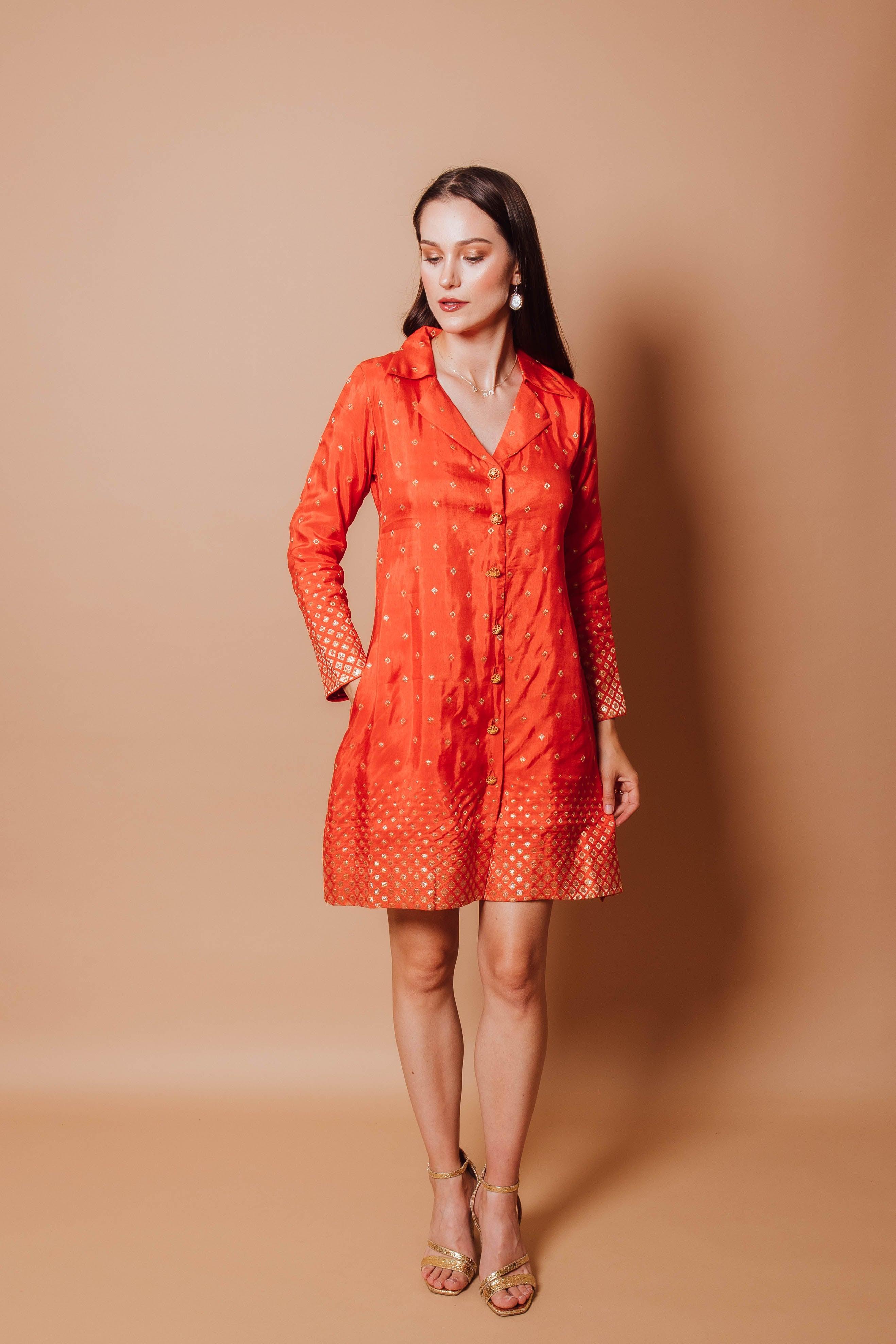 Orange Blazer Dress with Jacquard Silk