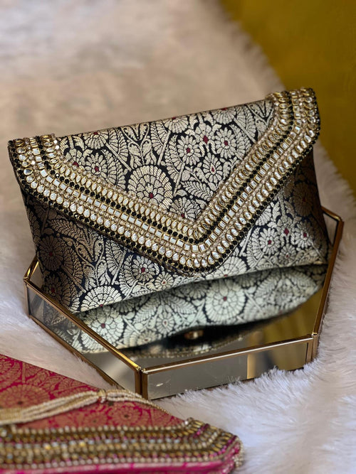 Brocade Elegant Envelope-style Clutch with Stone on Edges