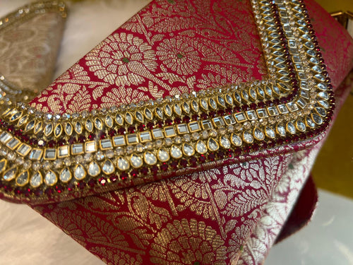 Brocade Elegant Envelope-style Clutch with Stone on Edges