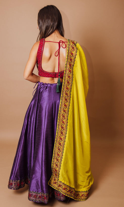 Purple and red Lehenga Choli Set with Yellow Dupatta