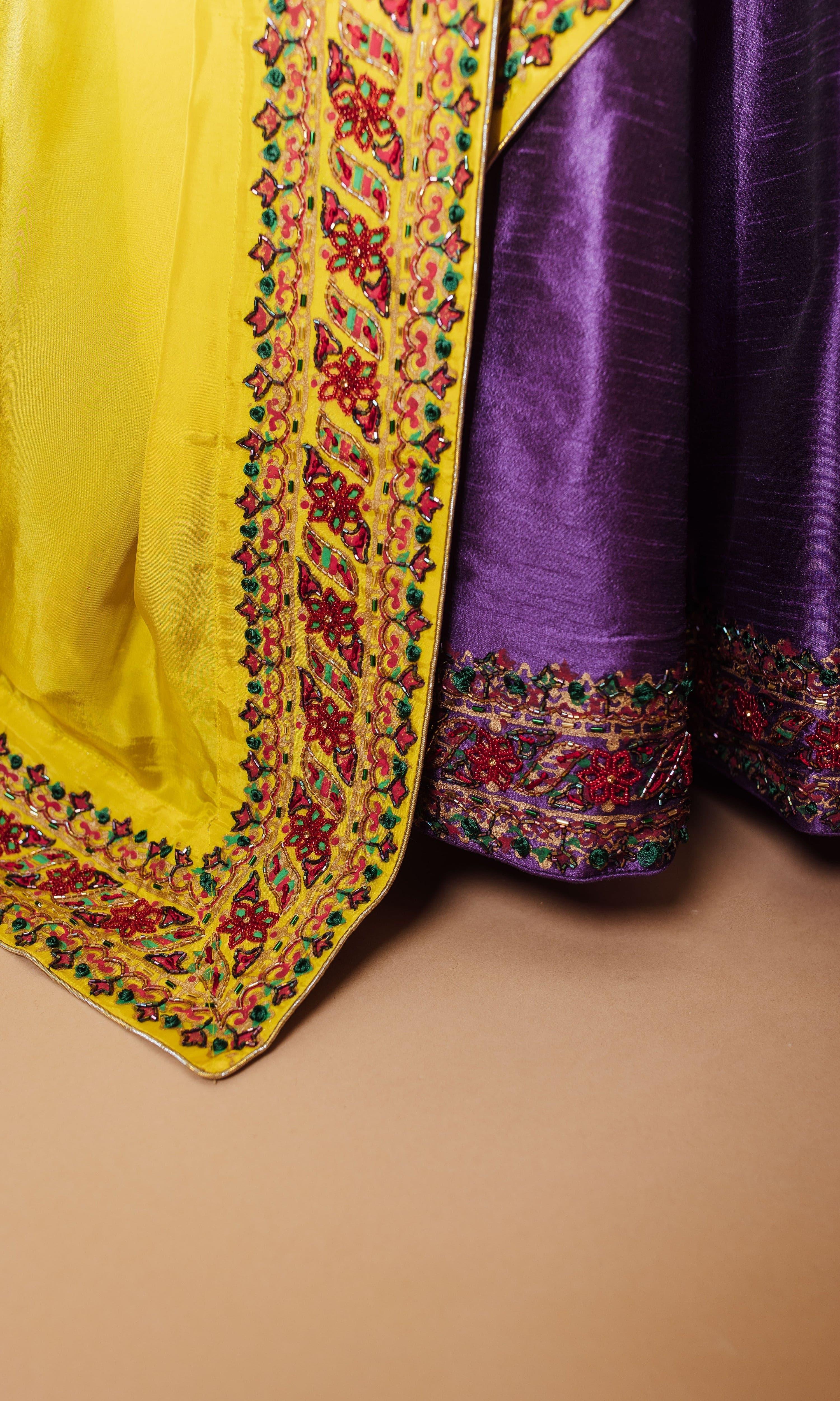 Purple and red Lehenga Choli Set with Yellow Dupatta