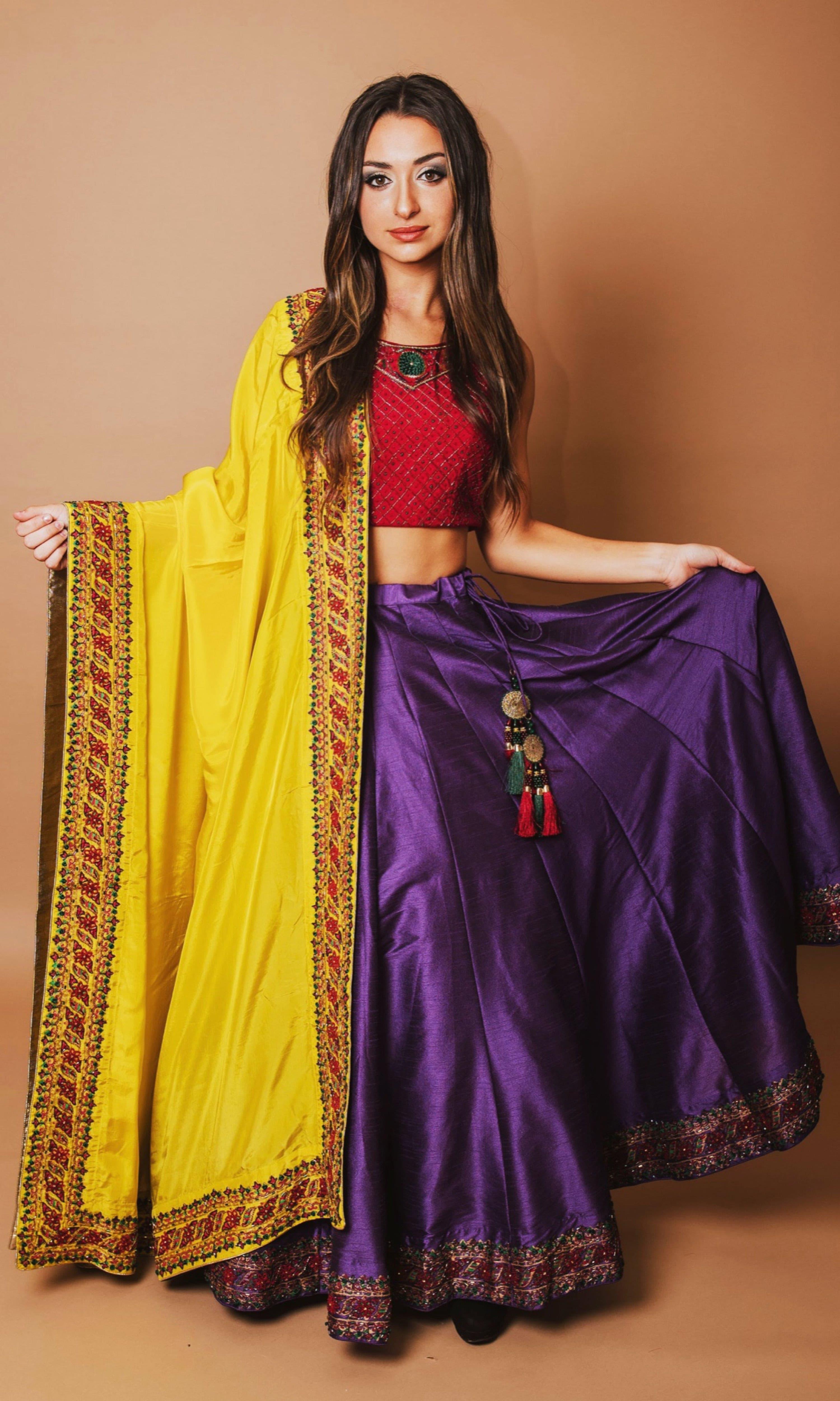 Purple and red Lehenga Choli Set with Yellow Dupatta