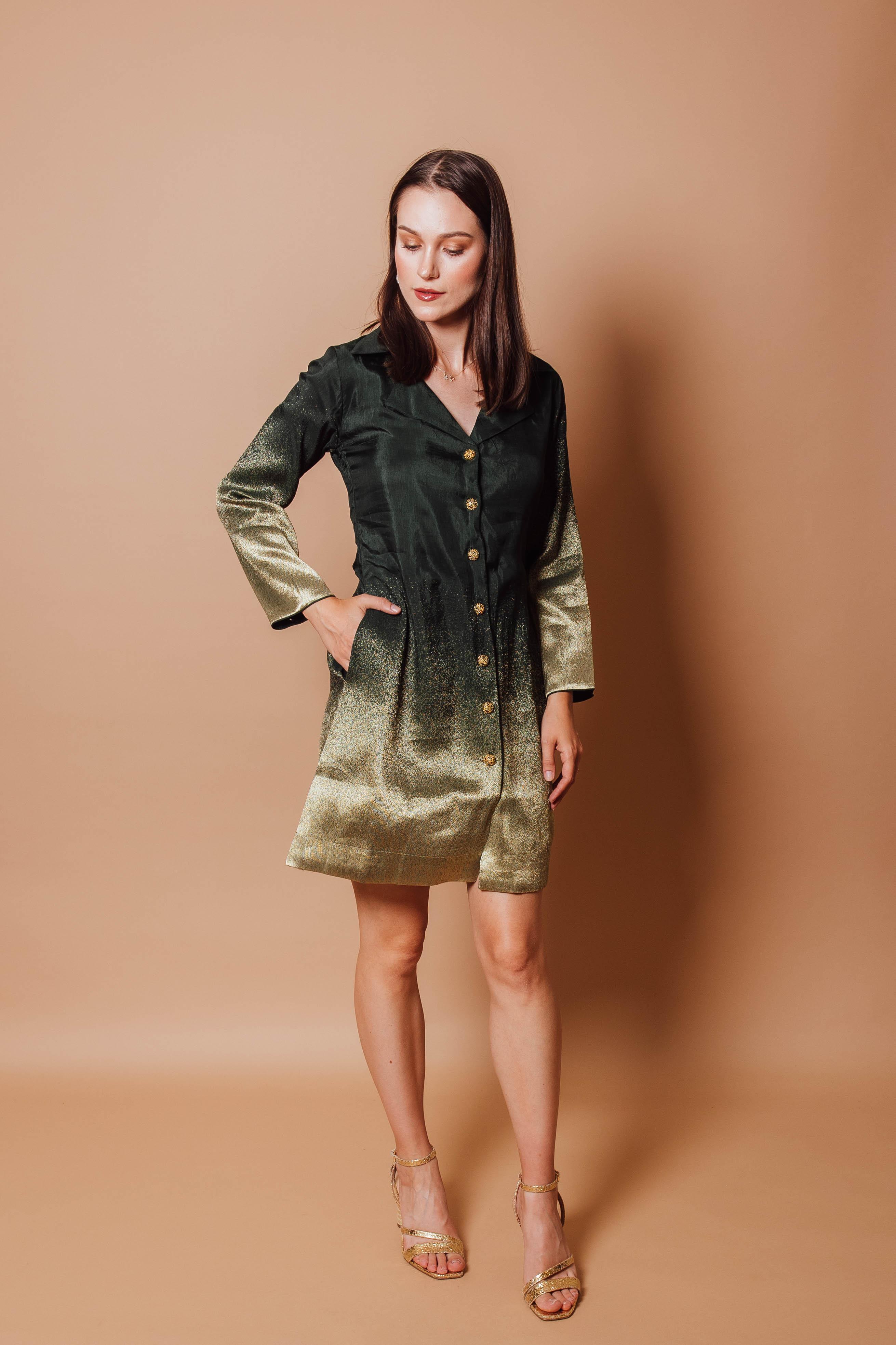 Ramona Green Blazer Dress with Jacquard Silk