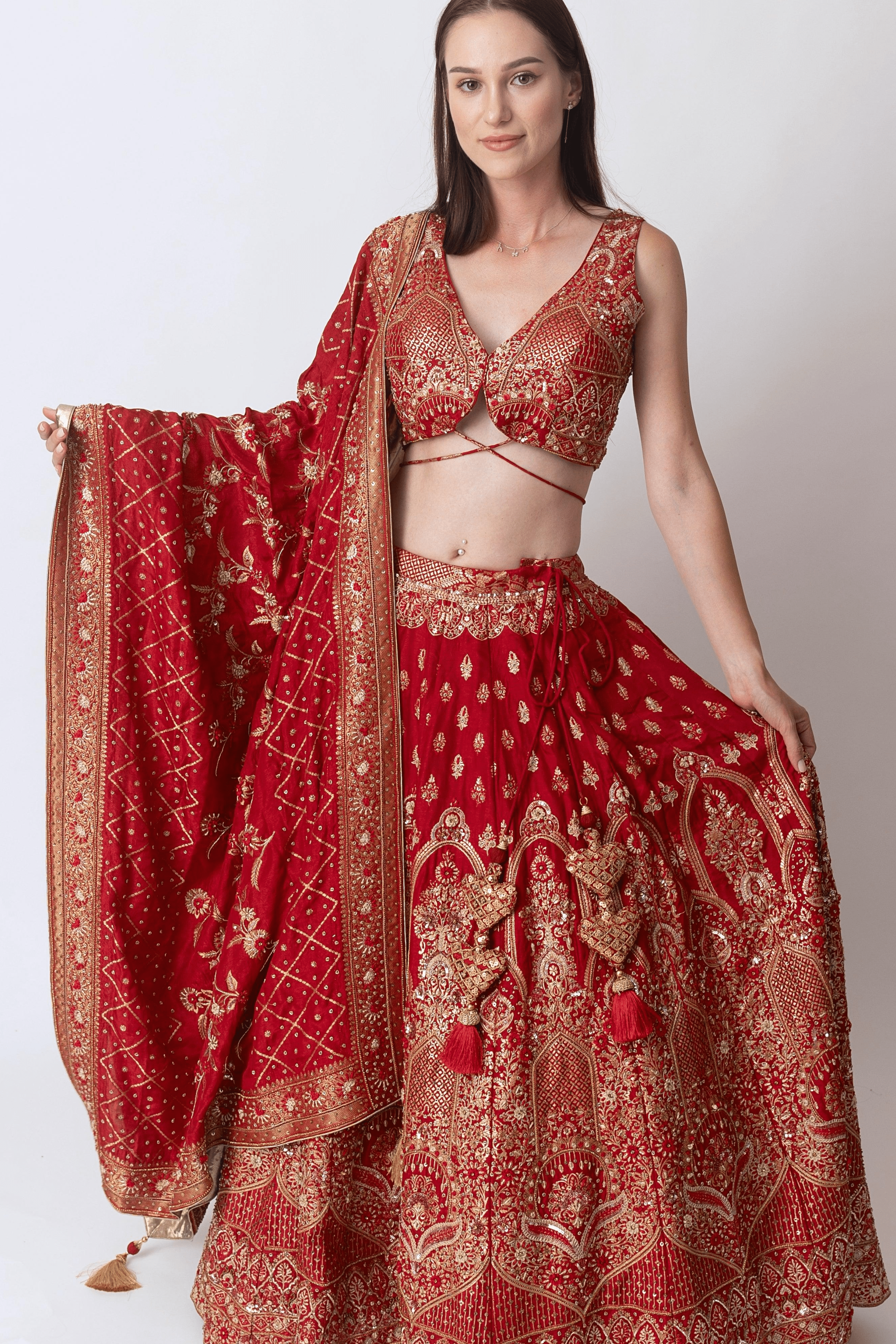 Red Banarasi Silk Lehenga Choli Set with Hand Embroidery