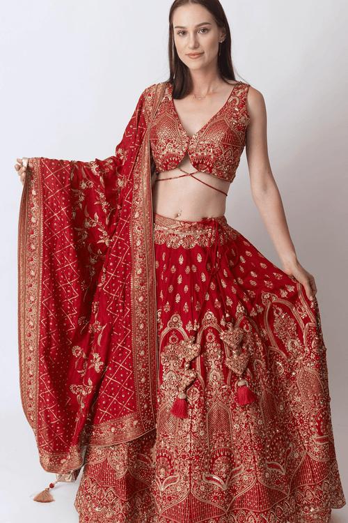 Red Banarasi Silk Lehenga Choli Set with Hand Embroidery