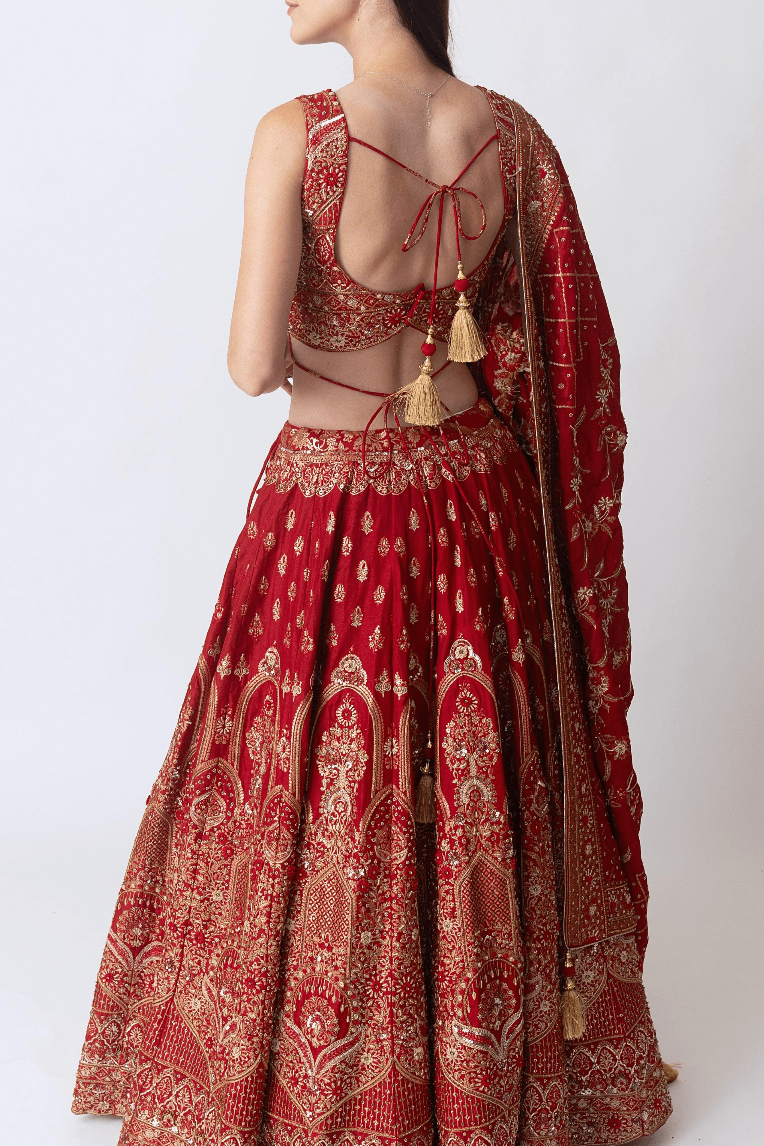 Red Banarasi Silk Lehenga Choli Set with Hand Embroidery