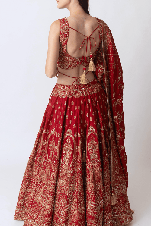 Red Banarasi Silk Lehenga Choli Set with Hand Embroidery