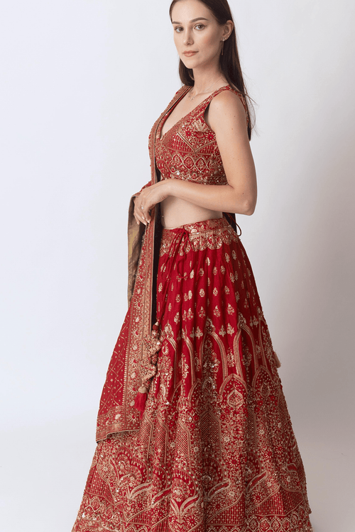 Red Banarasi Silk Lehenga Choli Set with Hand Embroidery