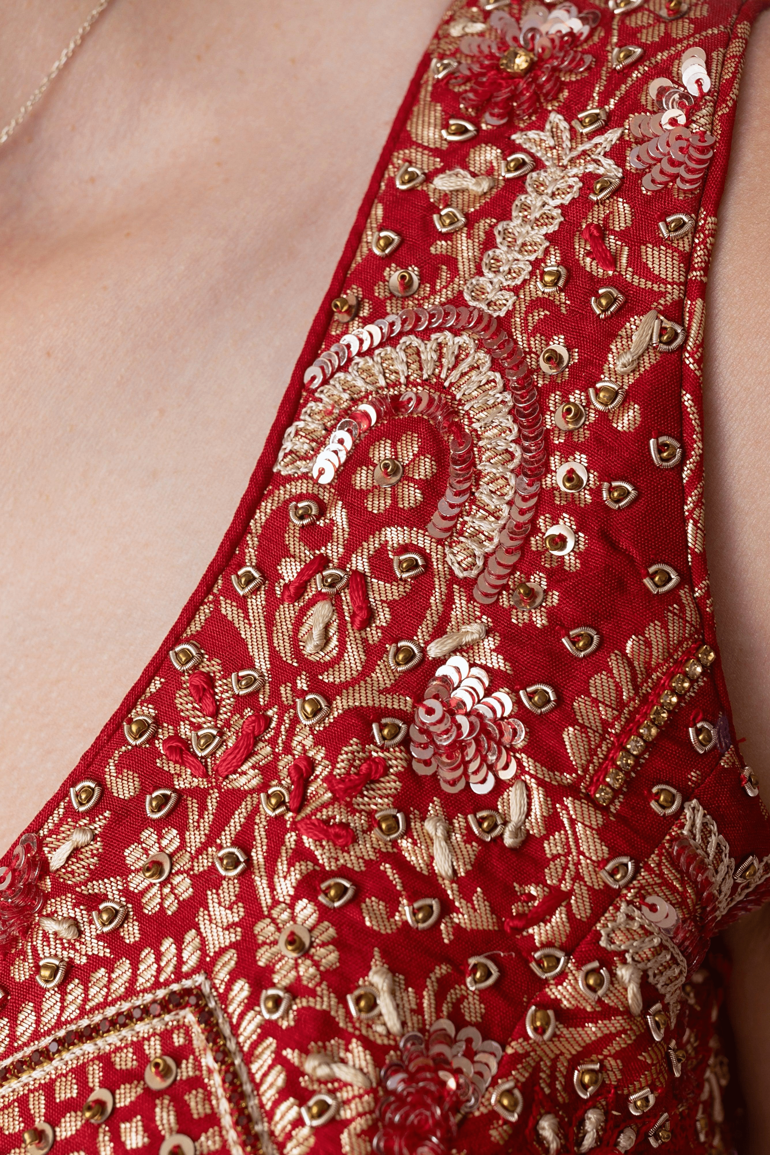 Red Banarasi Silk Lehenga Choli Set with Hand Embroidery