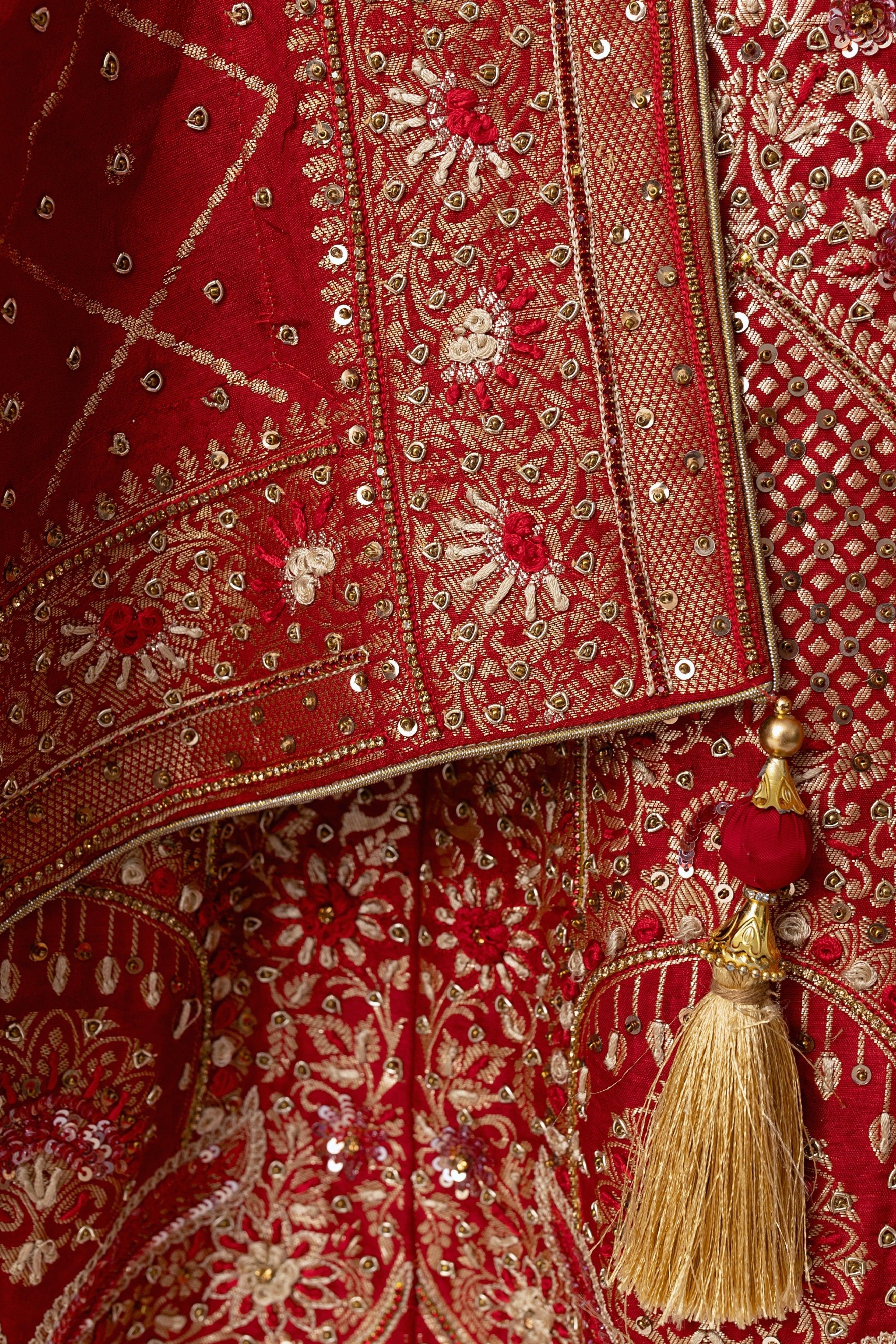 Red Banarasi Silk Lehenga Choli Set with Hand Embroidery