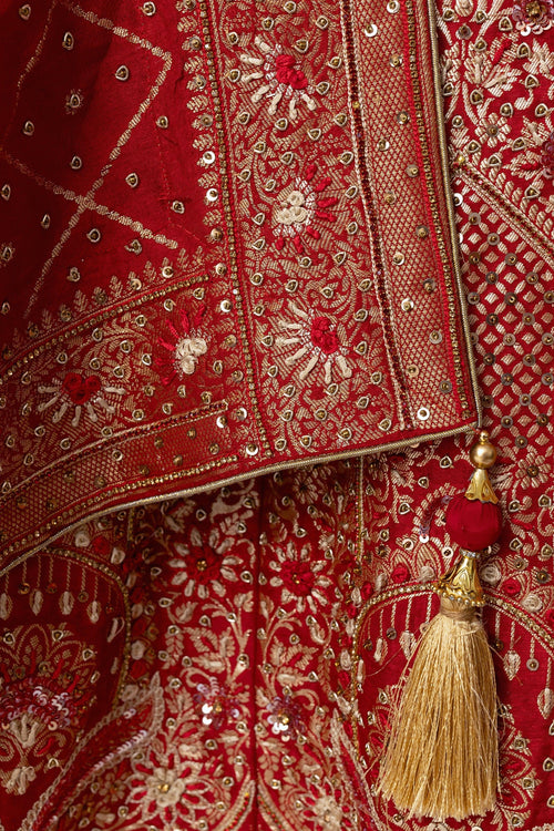Red Banarasi Silk Lehenga Choli Set with Hand Embroidery