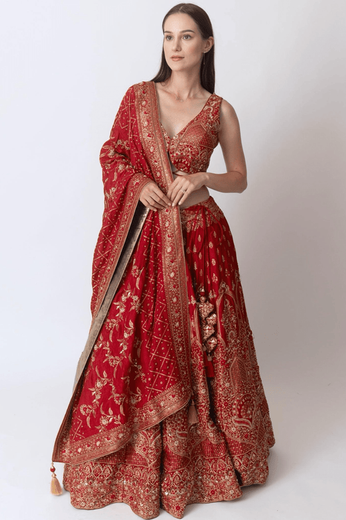 Red Banarasi Silk Lehenga Choli Set with Hand Embroidery
