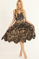 Sablora Black Midi Dress with Hand Embroidered Neckline