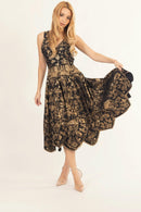 Sablora Black Midi Dress with Hand Embroidered Neckline