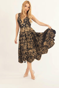 Sablora Black Midi Dress with Hand Embroidered Neckline