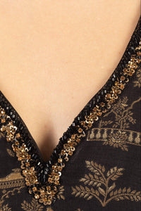 Sablora Black Midi Dress with Hand Embroidered Neckline