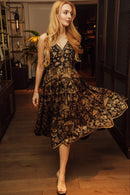 Sablora Black Midi Dress with Hand Embroidered Neckline