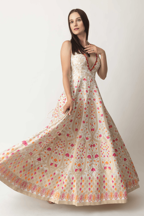 Silk Jacquard Gown Dress– Matte Gold Beige