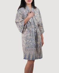 Hand Dyed Batik Robe Kimono, 100% Cotton, Gray, Silver Petals